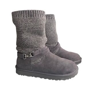 UGG Purl Strap Grey Suede Sweater Knit Mid Calf Cozy Boots 1098080 Womens 11